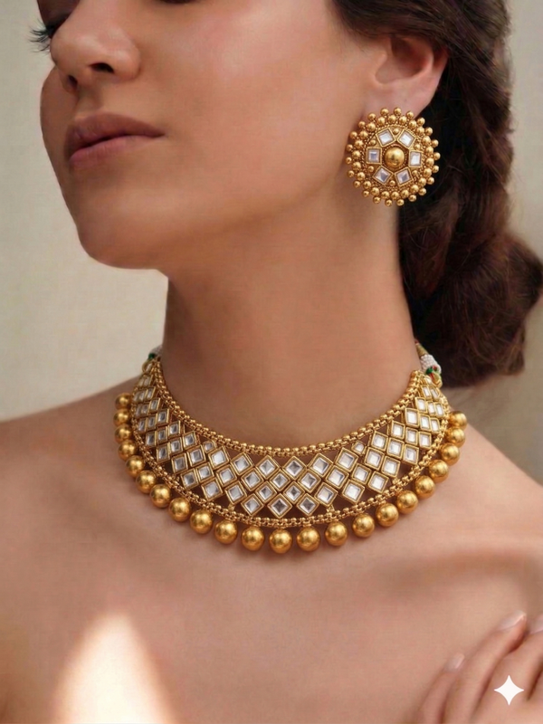 Gold-Plated Kundan Choker Set with Stud Earrings