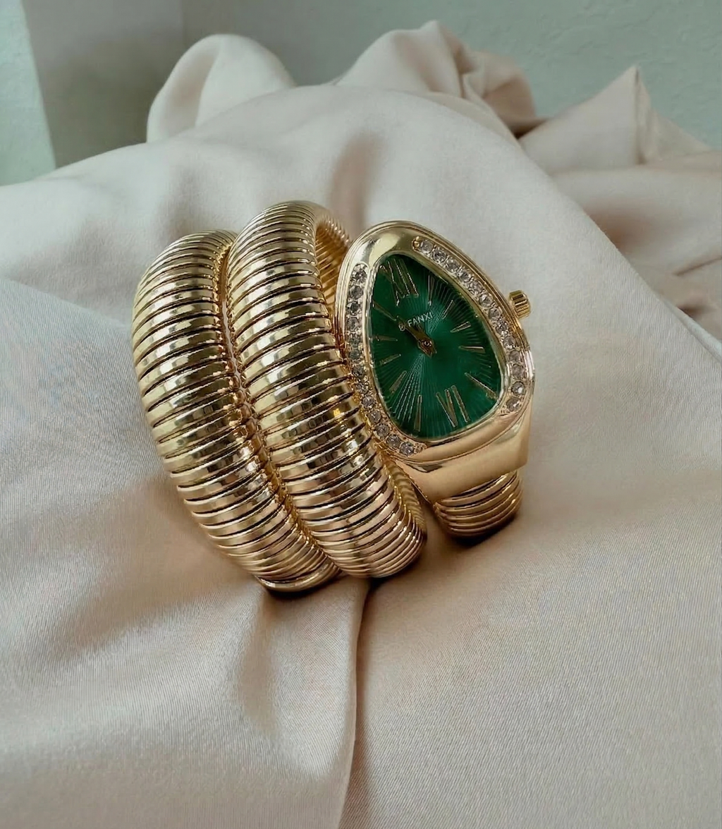 Emerald Snake Wrap Gold Bracelet Watch